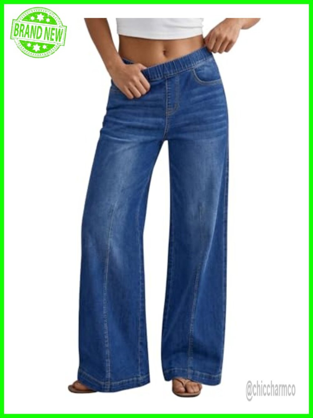 High Rise Wide Leg Pull On Stretchy Denim Jeans 31" Inseam